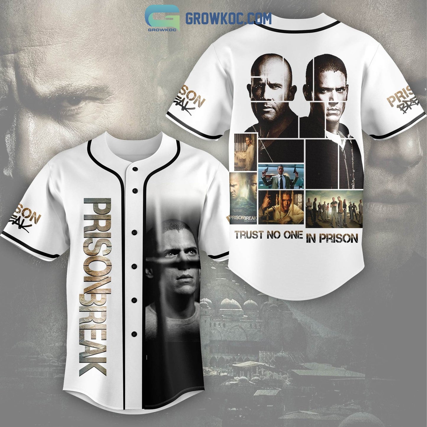 Prison Break Trust No One In Prison White Design Baseball Jersey baseball jersey product view 1