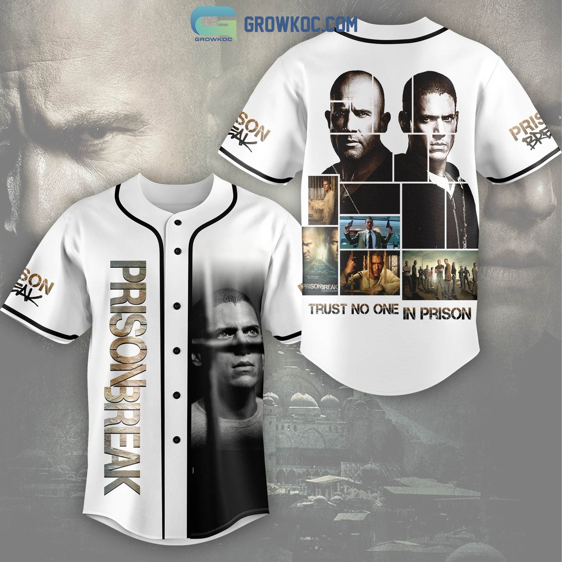 Prison Break Trust No One In Prison White Design Baseball Jersey baseball jersey product view 1