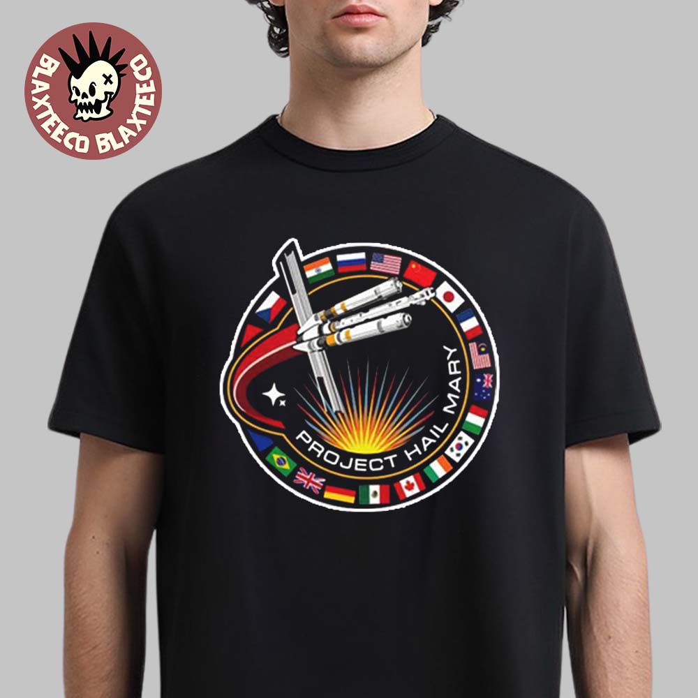 Project Hail Mary Spaceship With Nation Flags Mission Patch T-Shirt Unisex T-shirt, Sweatshirt, Hoodie, Long Sleeve Tee - T-Shirt, Sweatshirt, Hoodie