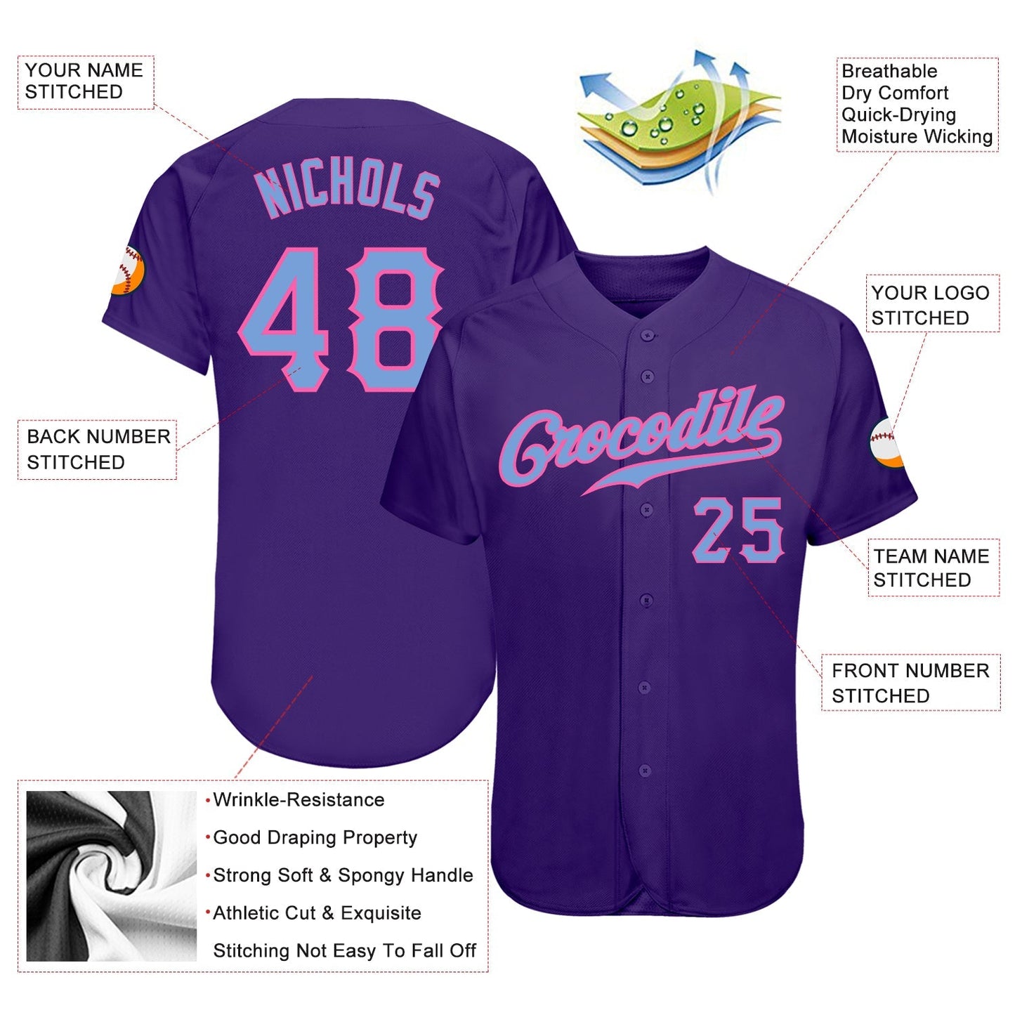 Custom Purple Light Blue-Pink Authentic Baseball Jersey baseball jersey product view 3