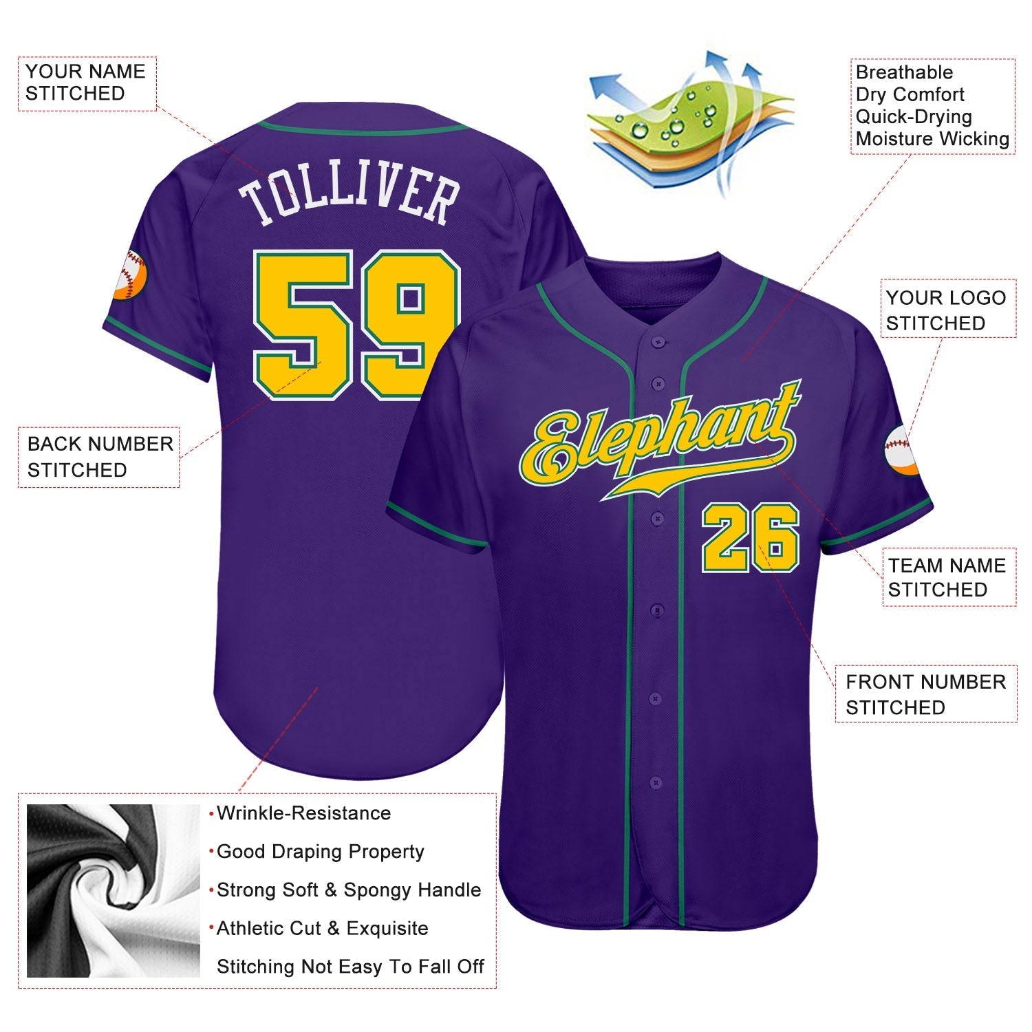 Custom Purple Gold-Kelly Green Authentic Baseball Jersey baseball jersey product view 4