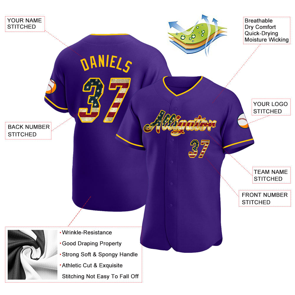 Custom Purple Vintage USA Flag-Gold Authentic Baseball Jersey baseball jersey product view 3