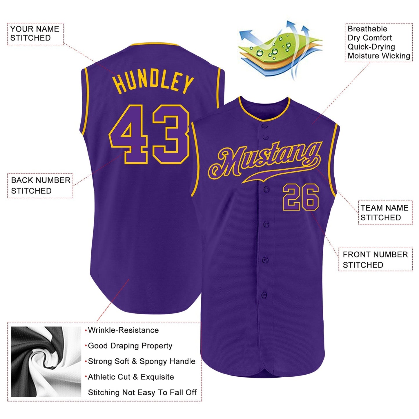 Custom Purple Purple-Gold Authentic Sleeveless Baseball Jersey baseball jersey product view 2