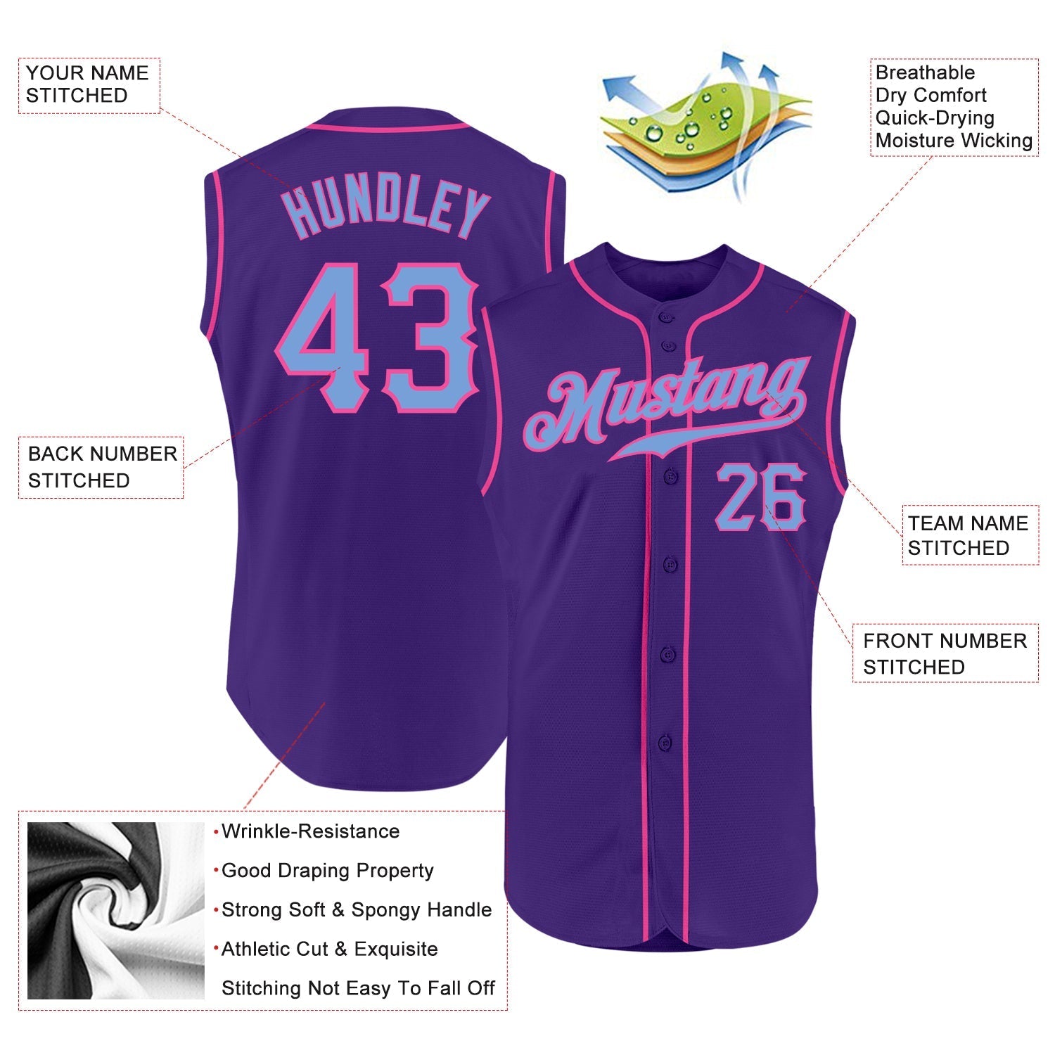 Custom Purple Light Blue-Pink Authentic Sleeveless Baseball Jersey baseball jersey product view 2