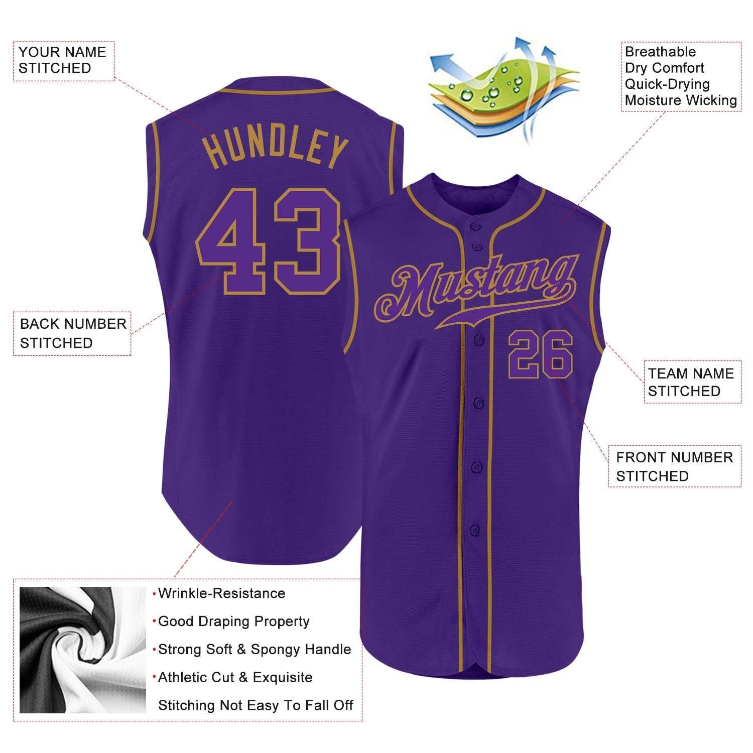Custom Purple Purple-Old Gold Authentic Sleeveless Baseball Jersey baseball jersey product view 2
