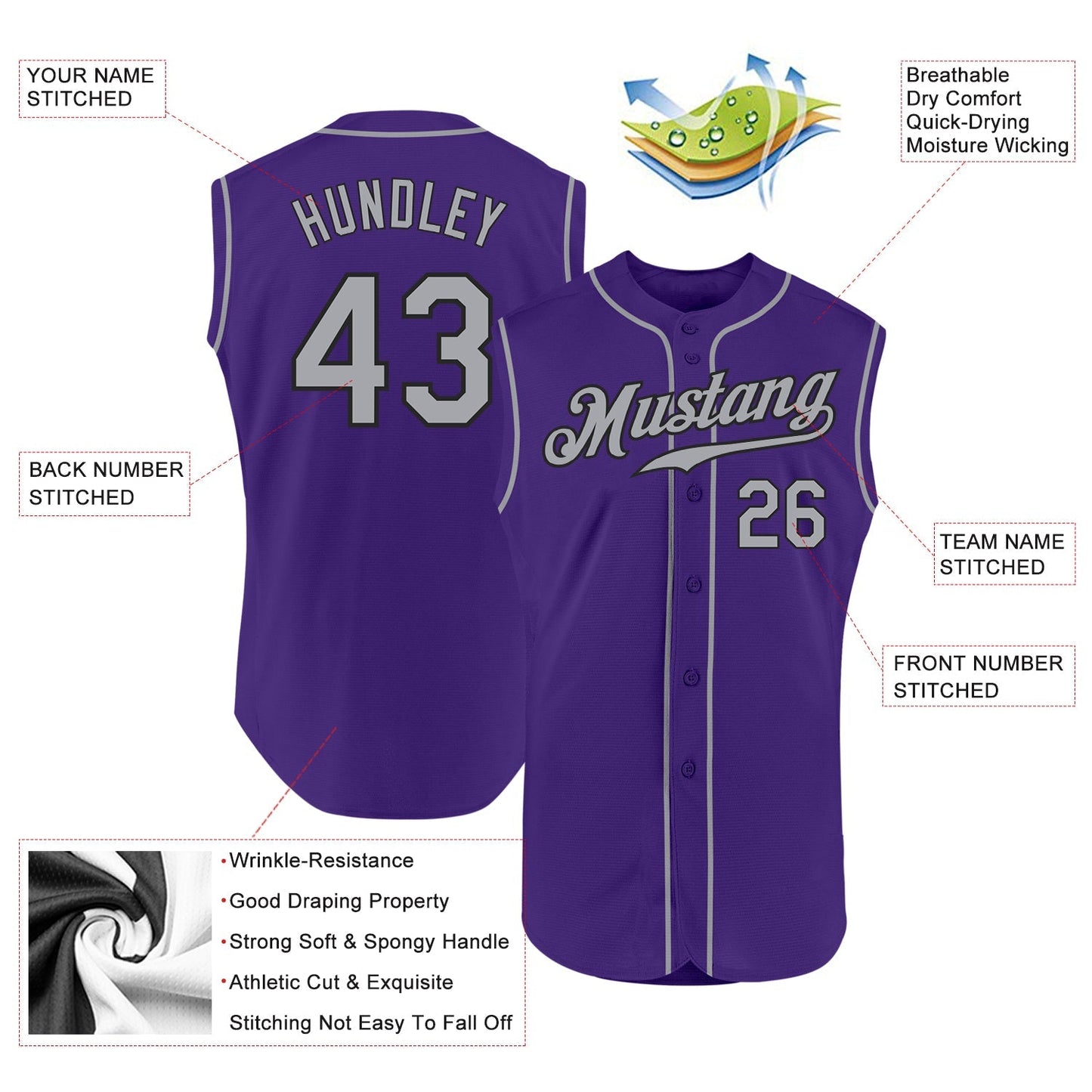 Custom Purple Gray-Black Authentic Sleeveless Baseball Jersey baseball jersey product view 2