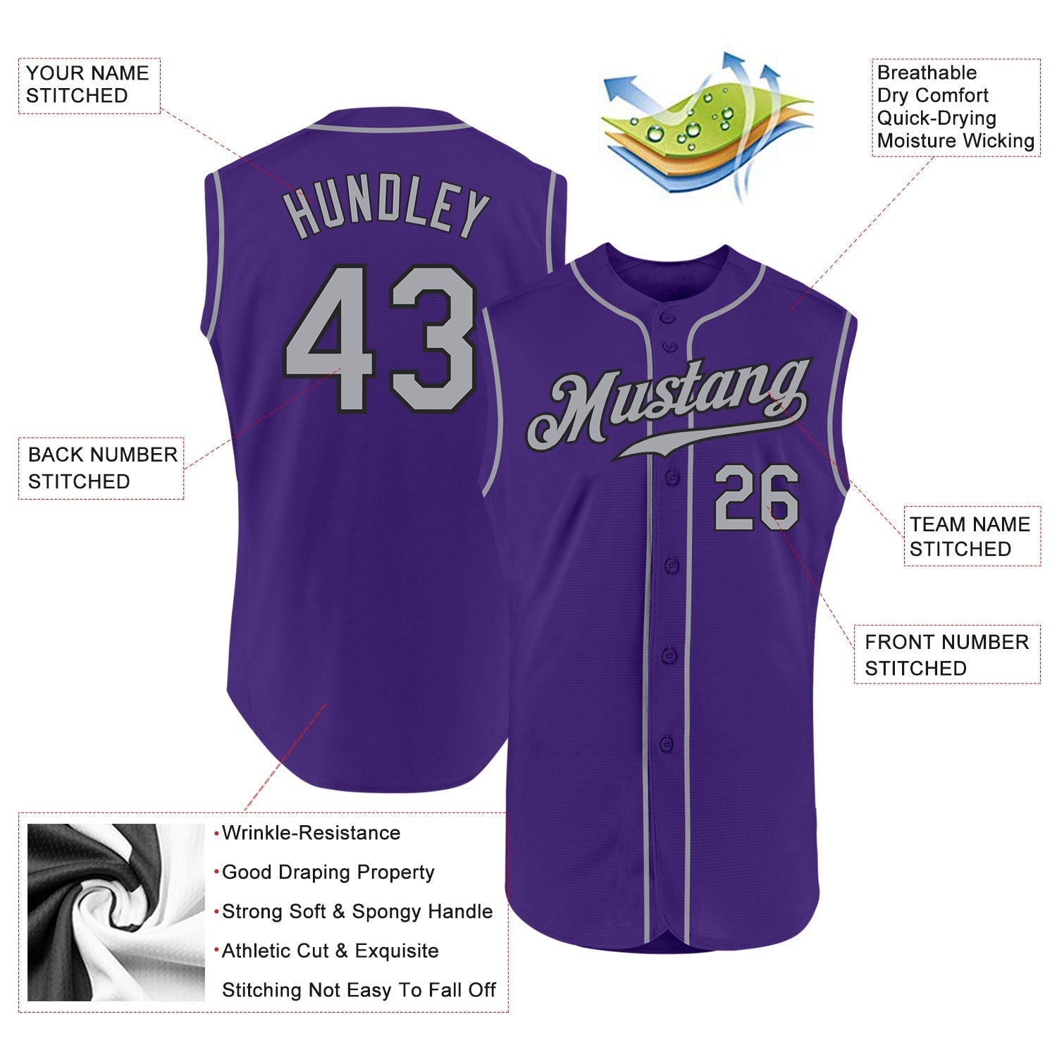 Custom Purple Gray-Black Authentic Sleeveless Baseball Jersey baseball jersey product view 2