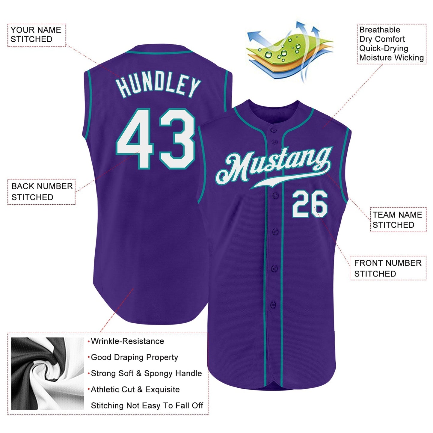 Custom Purple White-Teal Authentic Sleeveless Baseball Jersey baseball jersey product view 2