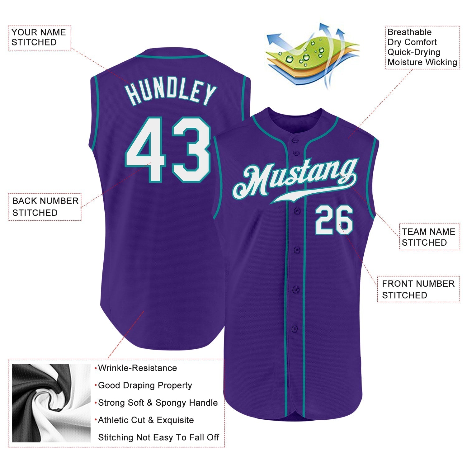 Custom Purple White-Teal Authentic Sleeveless Baseball Jersey baseball jersey product view 2