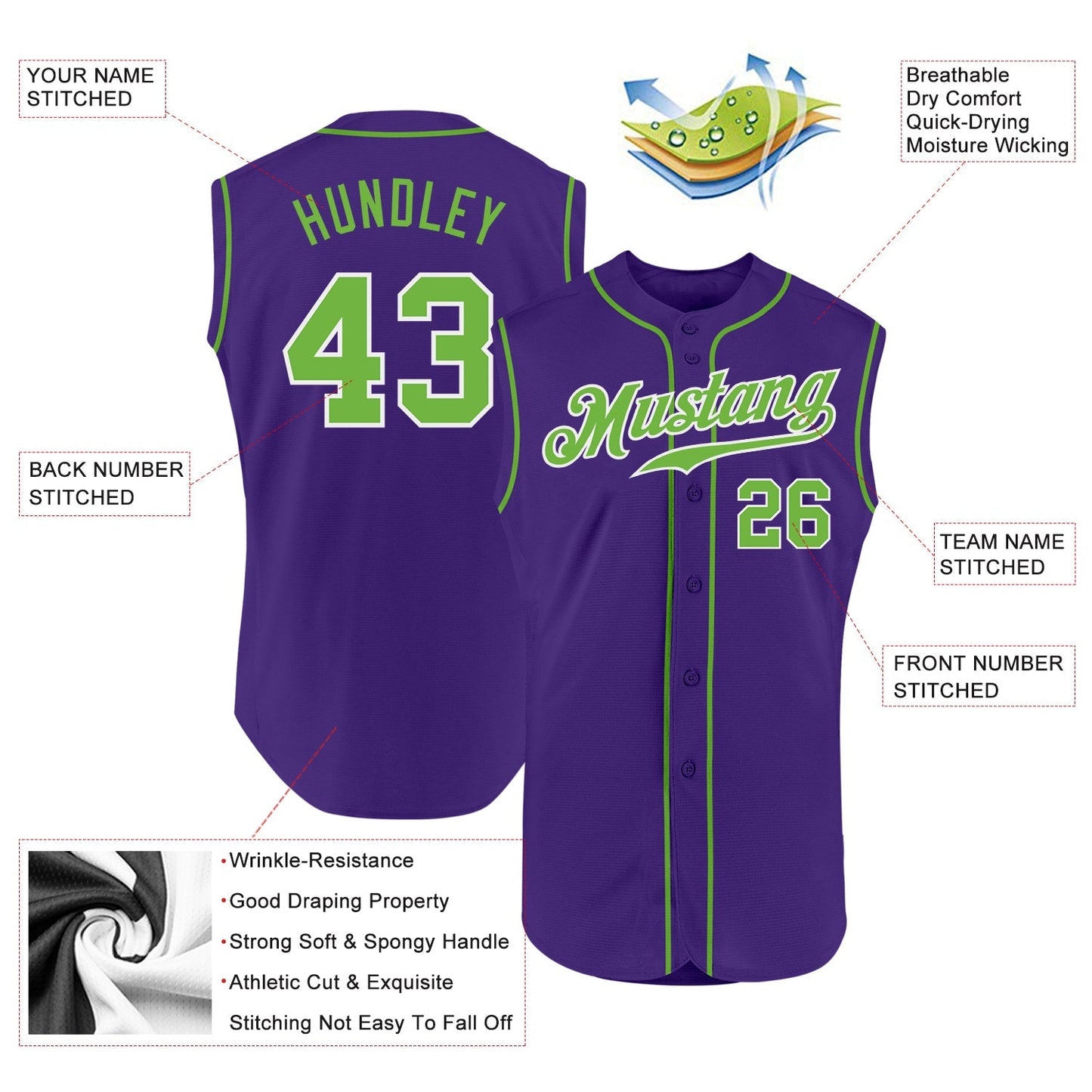Custom Purple Neon Green-White Authentic Sleeveless Baseball Jersey baseball jersey product view 2