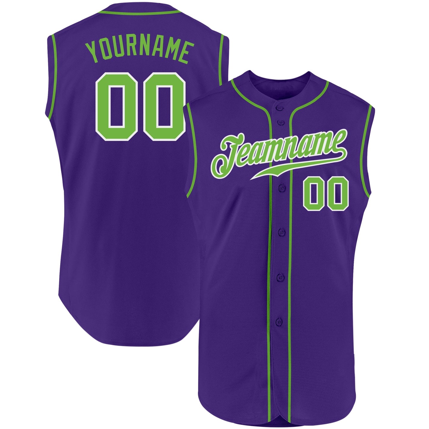 Custom Purple Neon Green-White Authentic Sleeveless Baseball Jersey baseball jersey product view 1