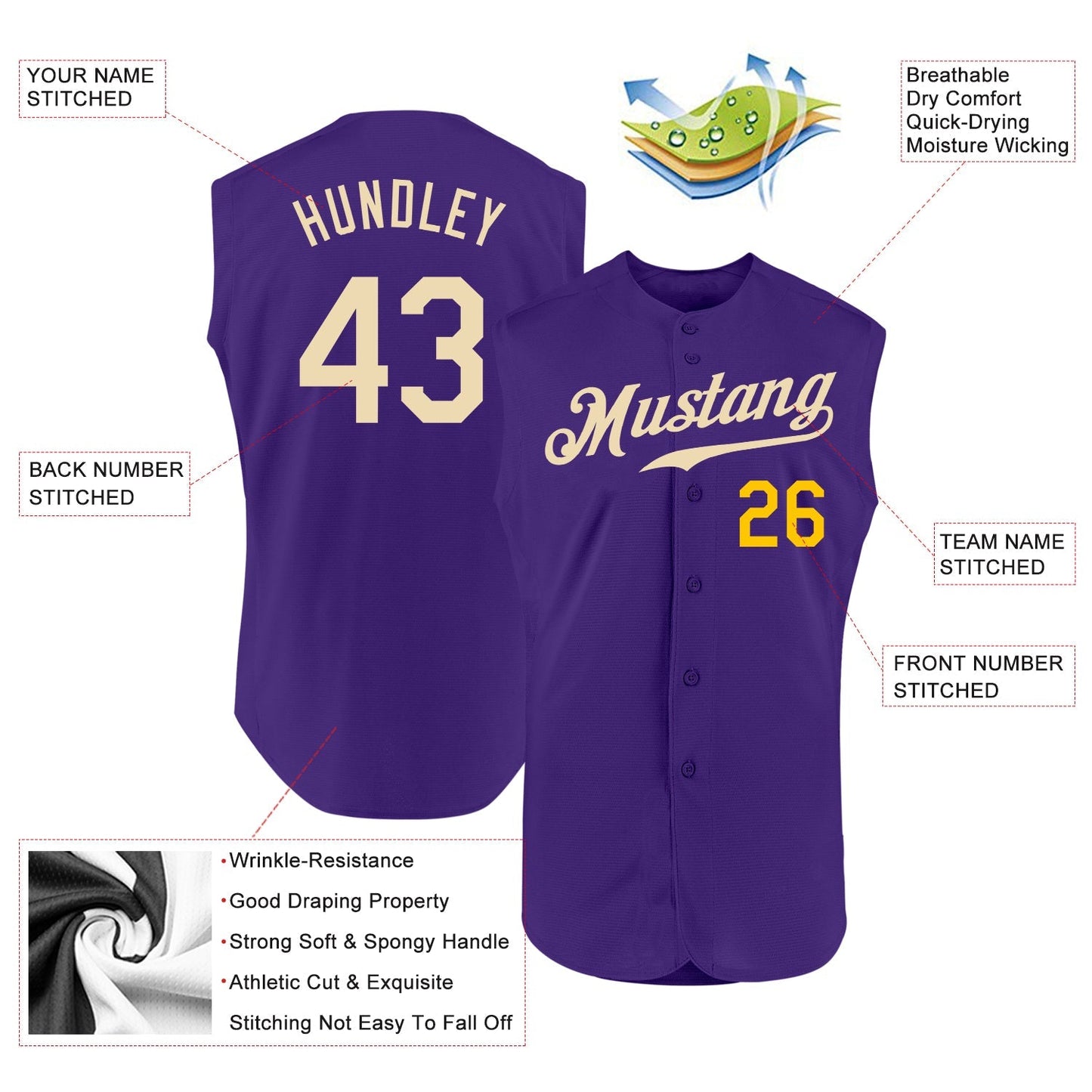 Custom Purple Cream-Gold Authentic Sleeveless Baseball Jersey baseball jersey product view 2