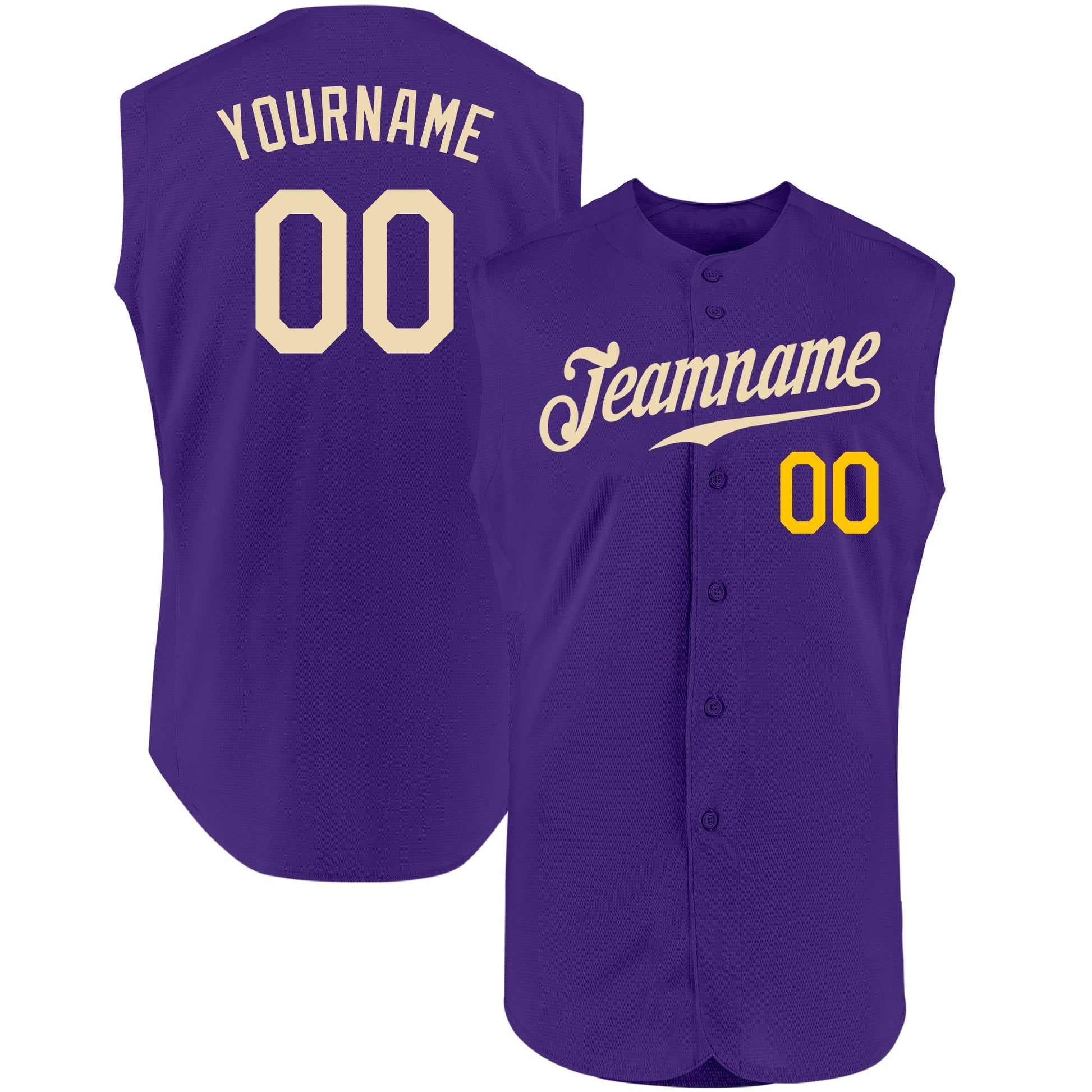 Custom Purple Cream-Gold Authentic Sleeveless Baseball Jersey baseball jersey product view 1