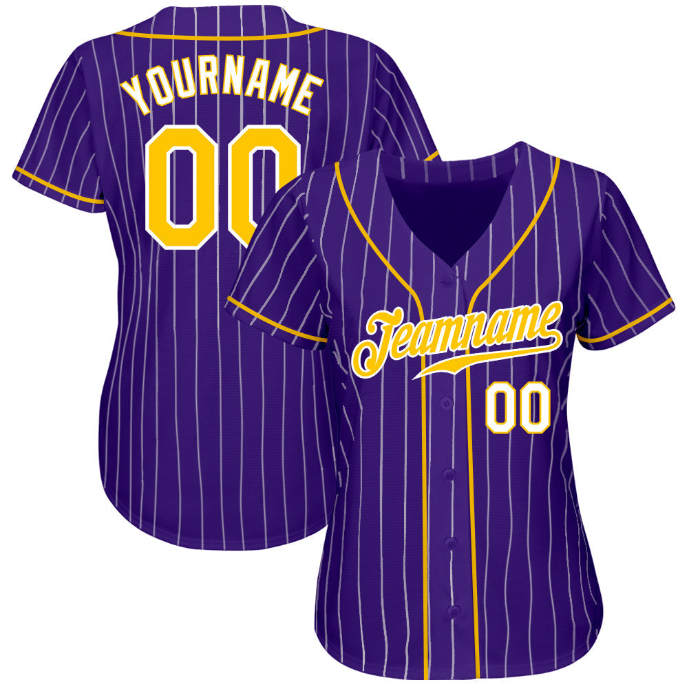 Custom Purple White Pinstripe Gold-White Authentic Baseball Jersey baseball jersey product view 3
