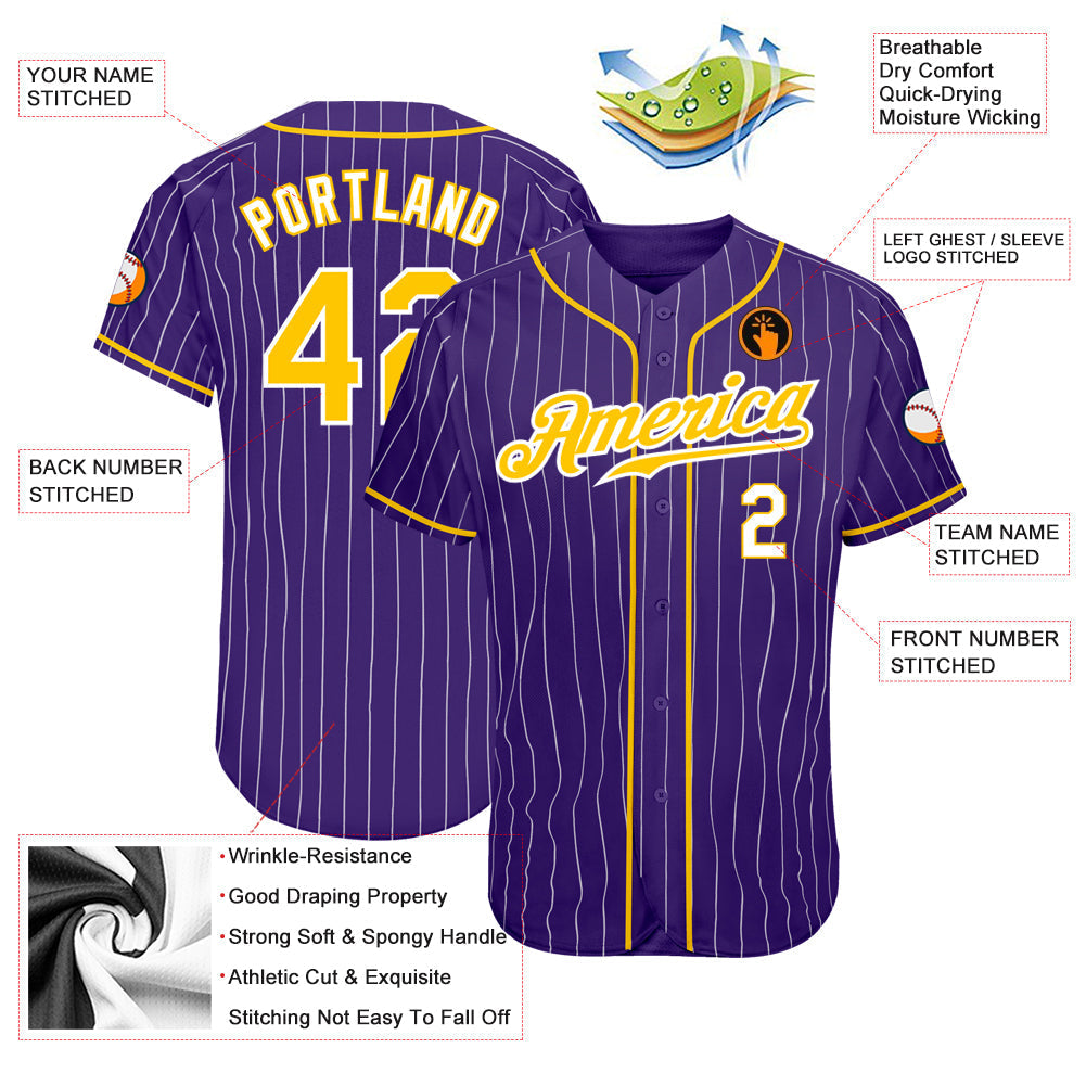 Custom Purple White Pinstripe Gold-White Authentic Baseball Jersey baseball jersey product view 4