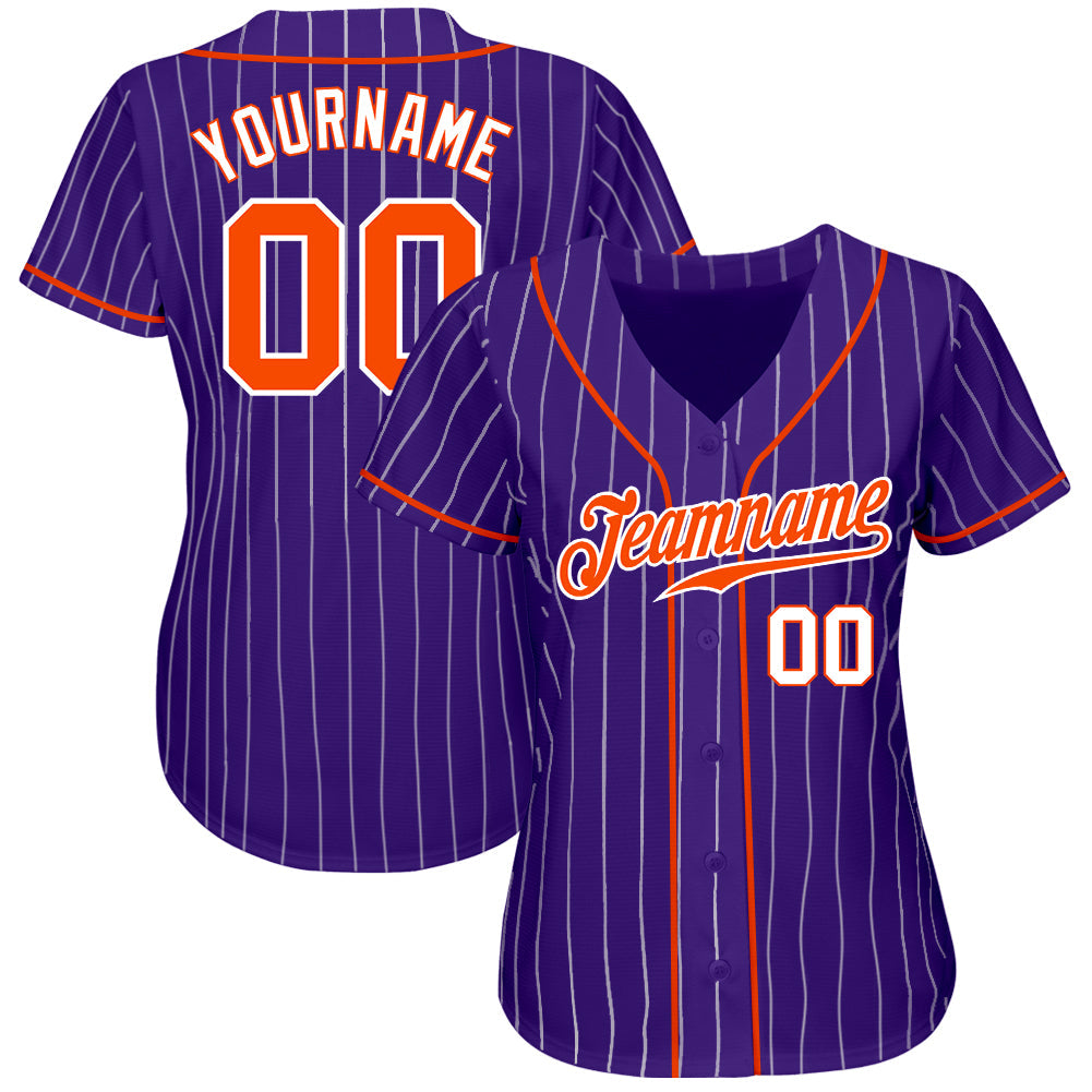 Custom Purple White Pinstripe Orange-White Authentic Baseball Jersey baseball jersey product view 2