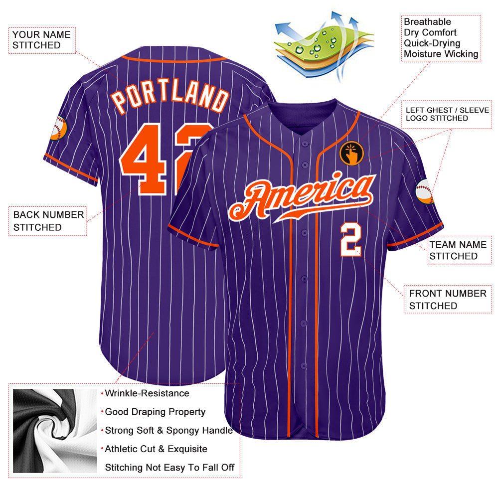 Custom Purple White Pinstripe Orange-White Authentic Baseball Jersey baseball jersey product view 3