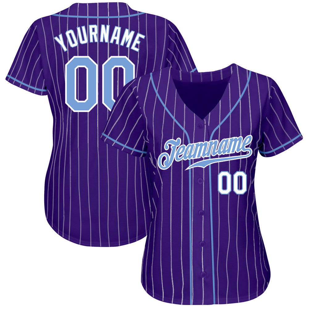 Custom Purple White Pinstripe Light Blue-White Authentic Baseball Jersey baseball jersey product view 2