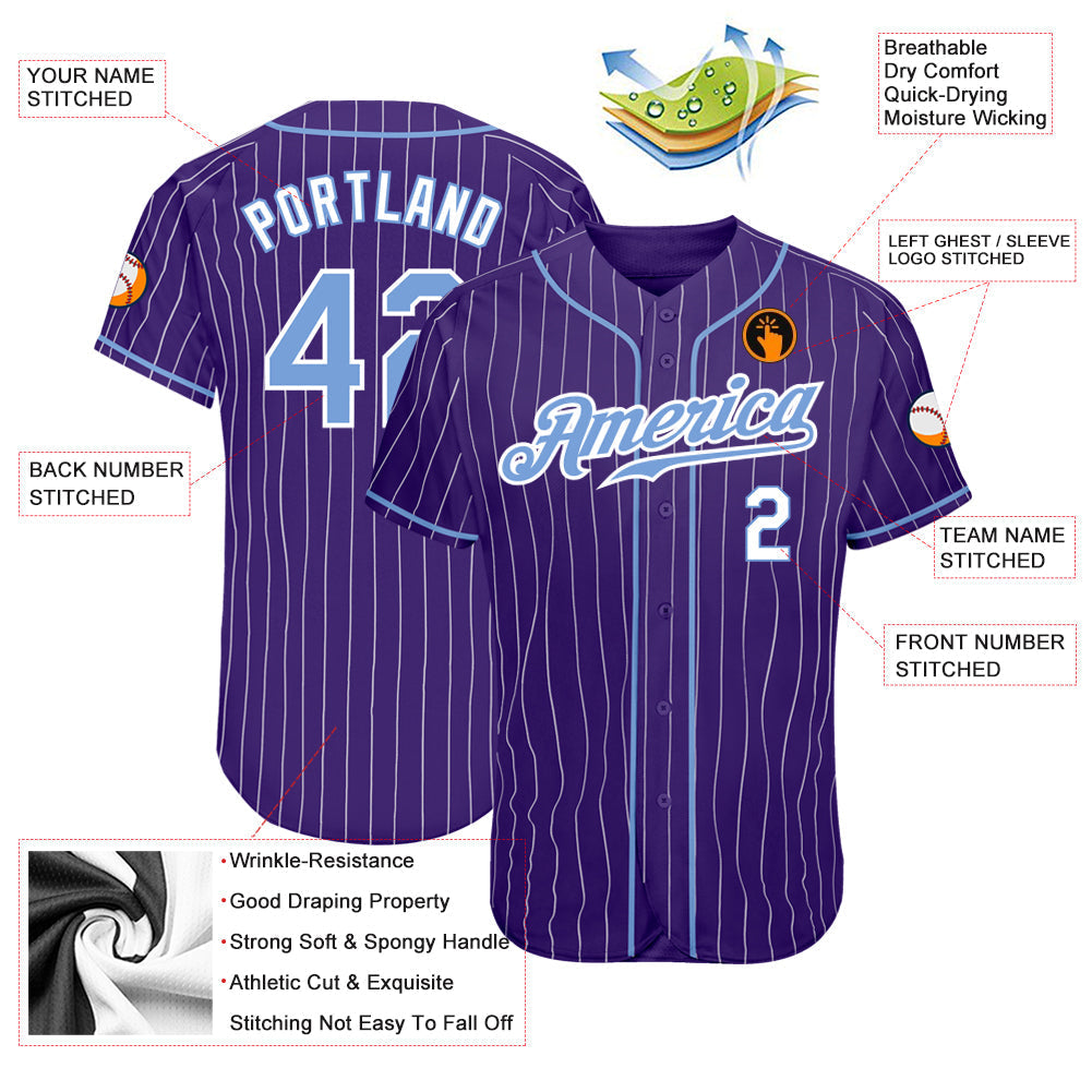 Custom Purple White Pinstripe Light Blue-White Authentic Baseball Jersey baseball jersey product view 3