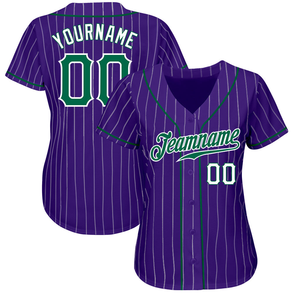 Custom Purple White Pinstripe Kelly Green-White Authentic Baseball Jersey baseball jersey product view 2