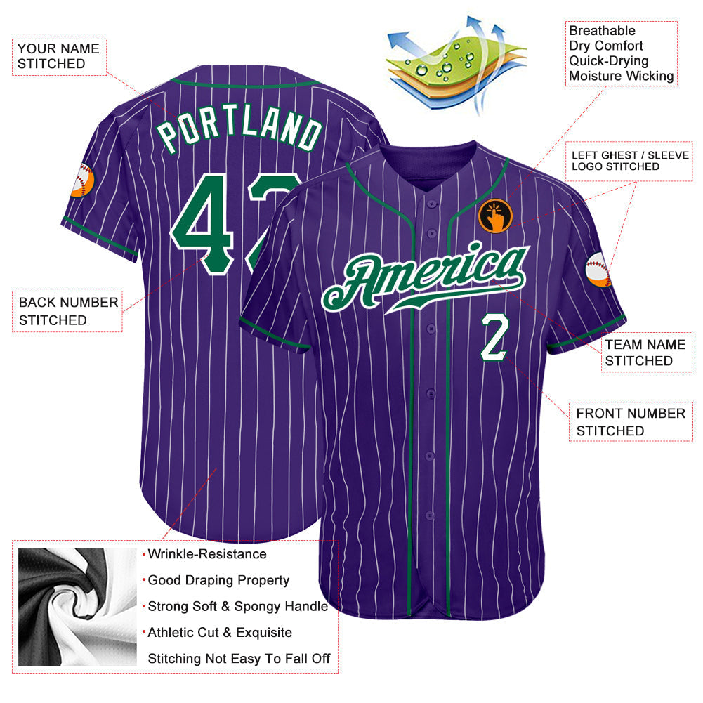 Custom Purple White Pinstripe Kelly Green-White Authentic Baseball Jersey baseball jersey product view 3