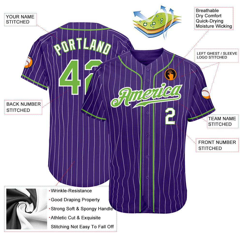 Custom Purple White Pinstripe Neon Green-White Authentic Baseball Jersey baseball jersey product view 3