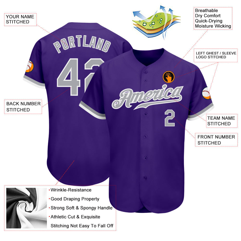 Custom Purple Gray-White Authentic Baseball Jersey baseball jersey product view 3