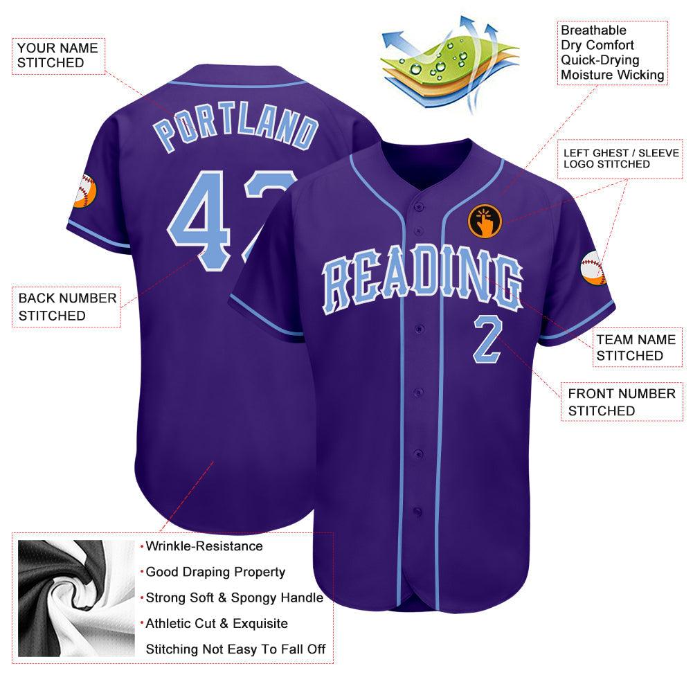 Custom Purple Light Blue-White Authentic Baseball Jersey baseball jersey product view 3