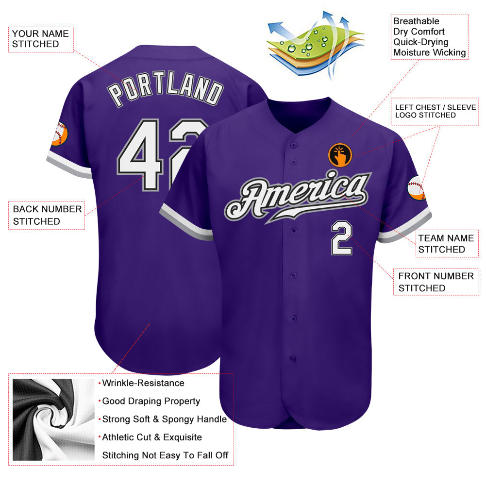 Custom Purple White Black-Gray Authentic Baseball Jersey baseball jersey product view 3