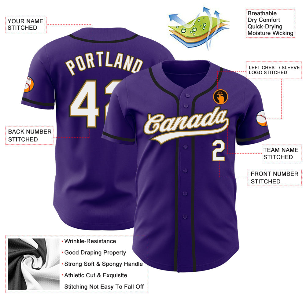 Custom Purple White Old Gold-Black Authentic Baseball Jersey baseball jersey product view 3
