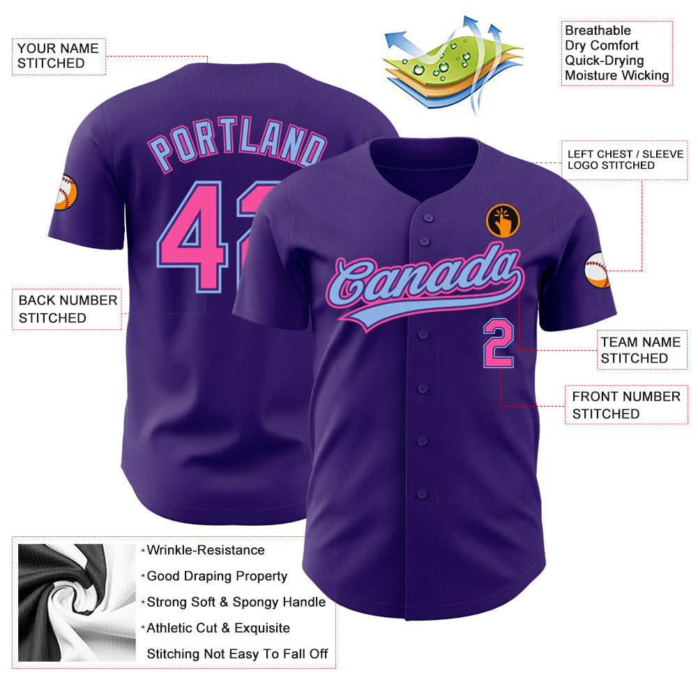Custom Purple Pink-Light Blue Authentic Baseball Jersey baseball jersey product view 3