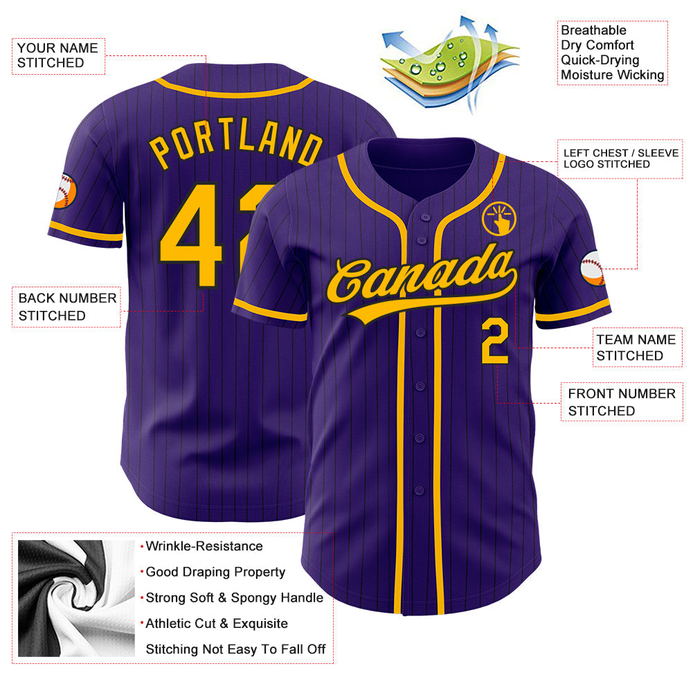Custom Purple Black Pinstripe Gold Authentic Baseball Jersey baseball jersey product view 3