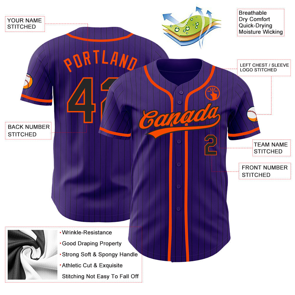 Custom Purple Black Pinstripe Orange Authentic Baseball Jersey baseball jersey product view 3