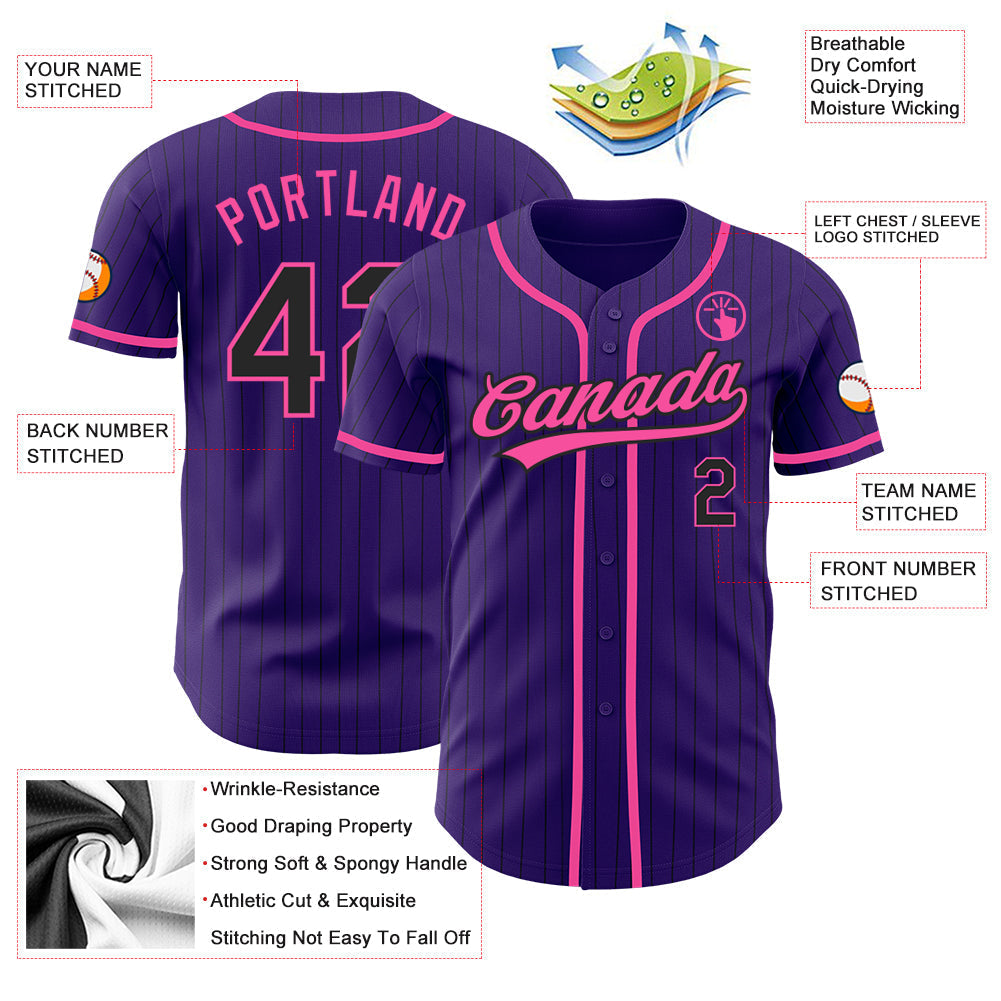 Custom Purple Black Pinstripe Pink Authentic Baseball Jersey baseball jersey product view 3