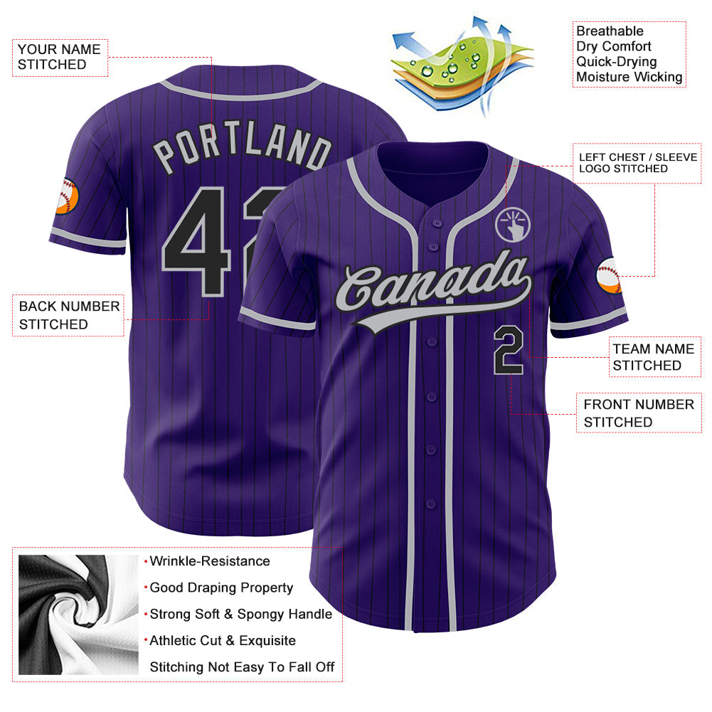 Custom Purple Black Pinstripe Gray Authentic Baseball Jersey baseball jersey product view 3