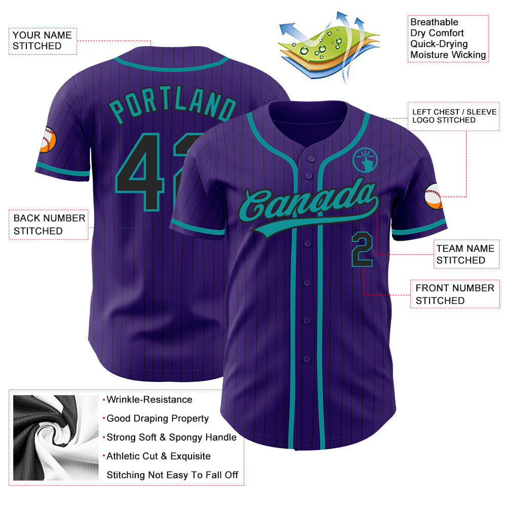 Custom Purple Black Pinstripe Teal Authentic Baseball Jersey baseball jersey product view 3