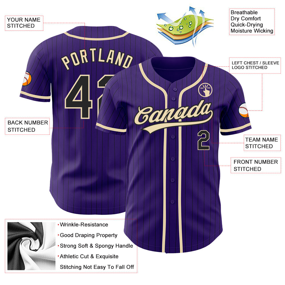 Custom Purple Black Pinstripe City Cream Authentic Baseball Jersey baseball jersey product view 3
