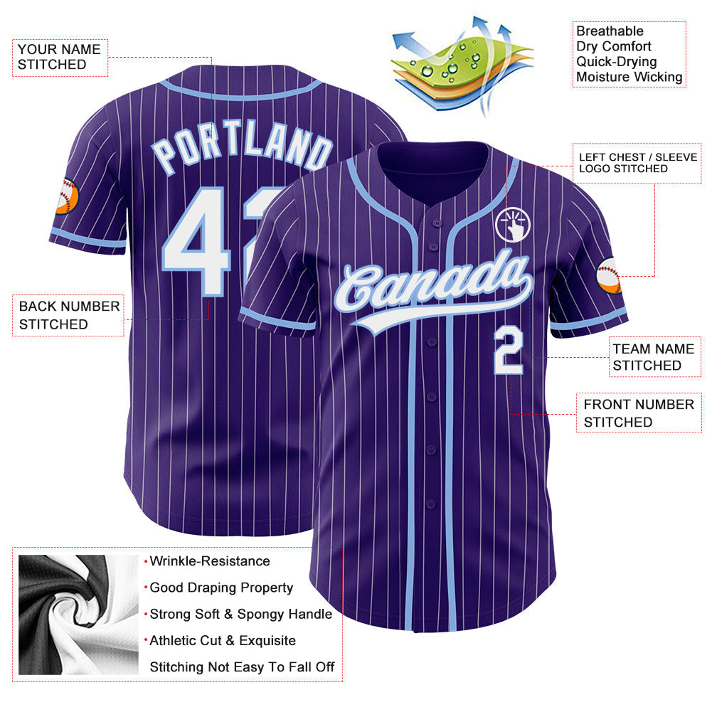 Custom Purple White Pinstripe Light Blue Authentic Baseball Jersey baseball jersey product view 3