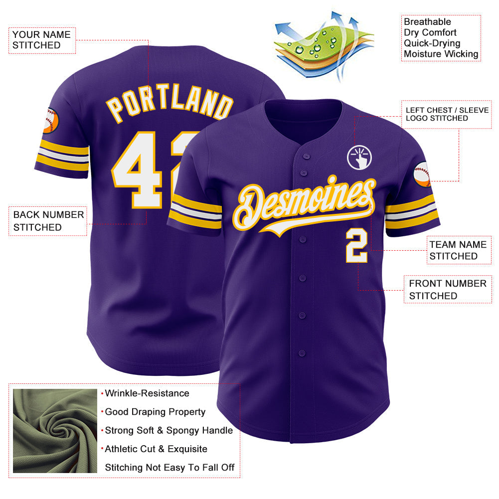 Custom Purple White-Gold Authentic Baseball Jersey baseball jersey product view 3