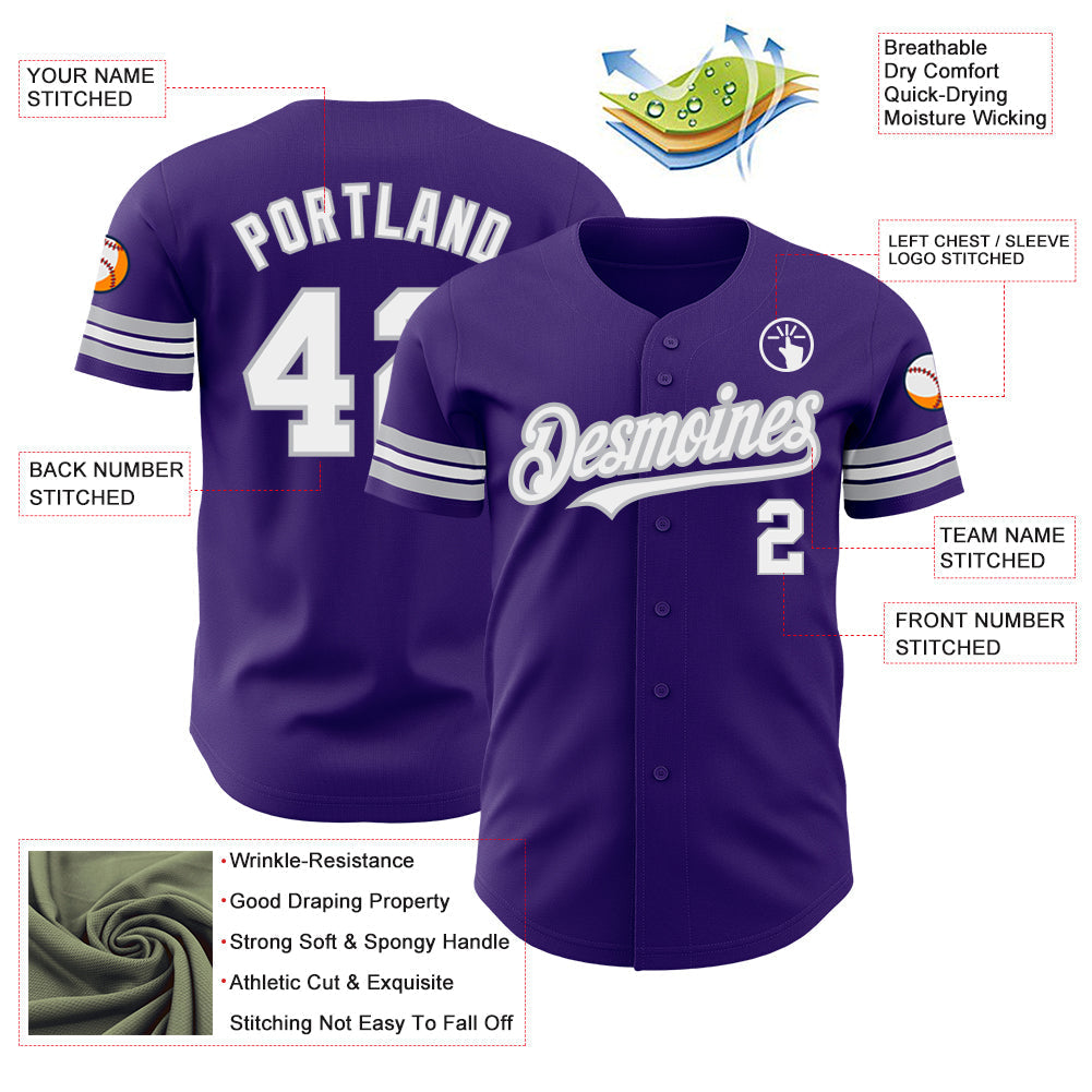 Custom Purple White-Gray Authentic Baseball Jersey baseball jersey product view 3