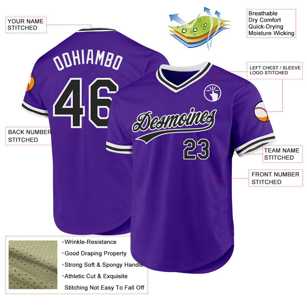 Custom Purple Black-White Authentic Throwback Baseball Jersey baseball jersey product view 3