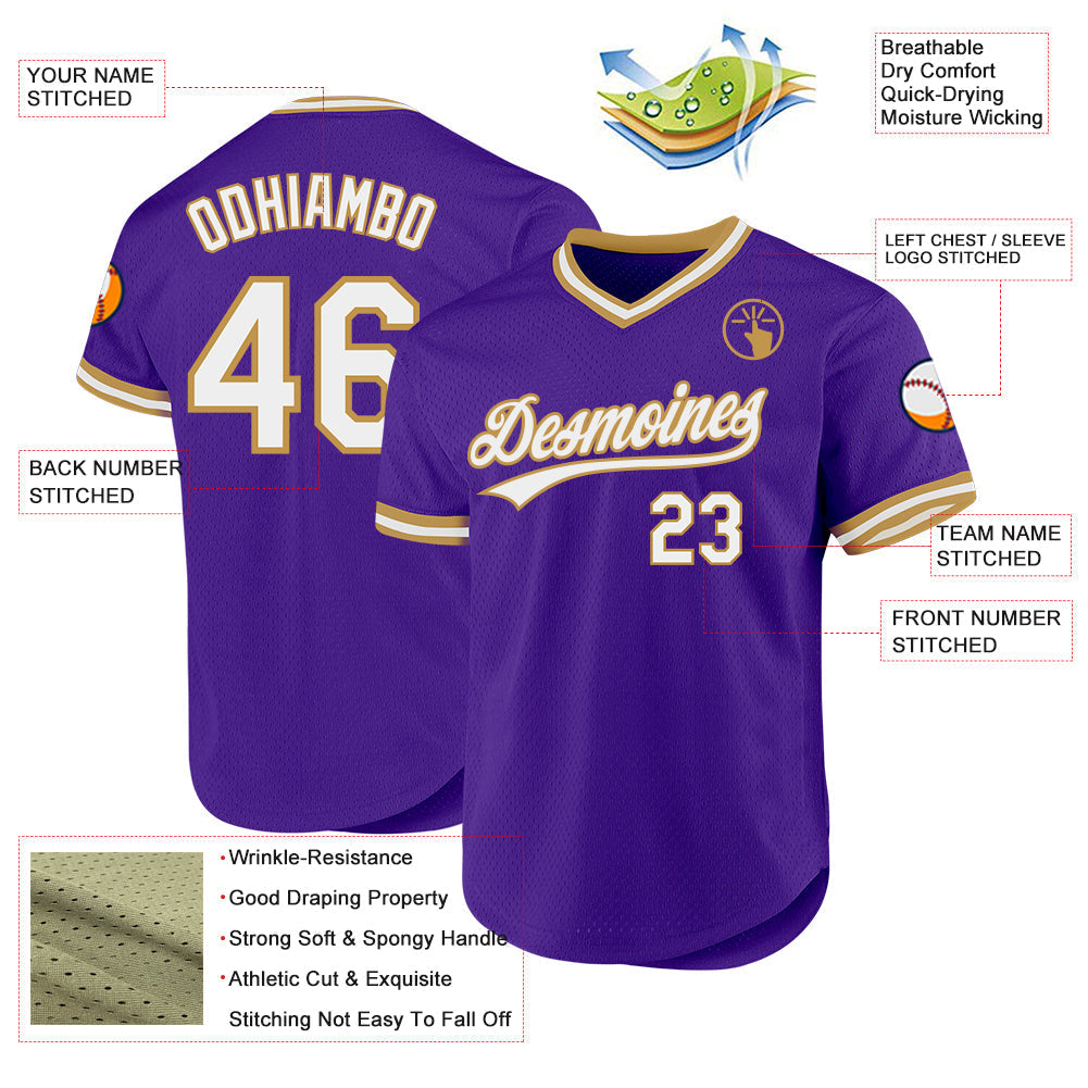 Custom Purple White-Old Gold Authentic Throwback Baseball Jersey baseball jersey product view 3