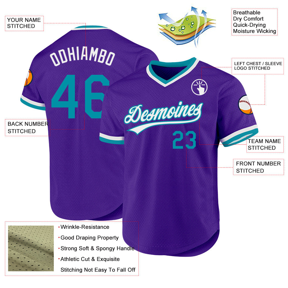 Custom Purple Teal-White Authentic Throwback Baseball Jersey baseball jersey product view 3