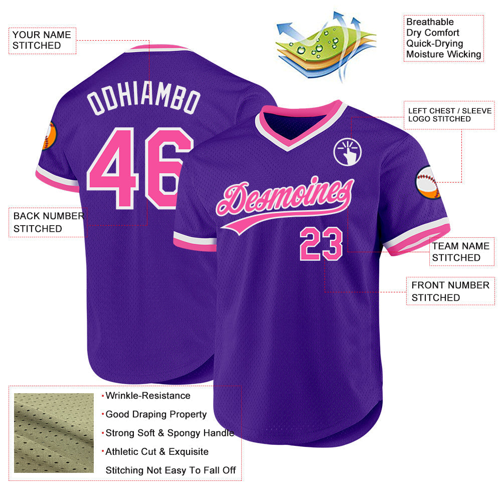 Custom Purple Pink-White Authentic Throwback Baseball Jersey baseball jersey product view 3