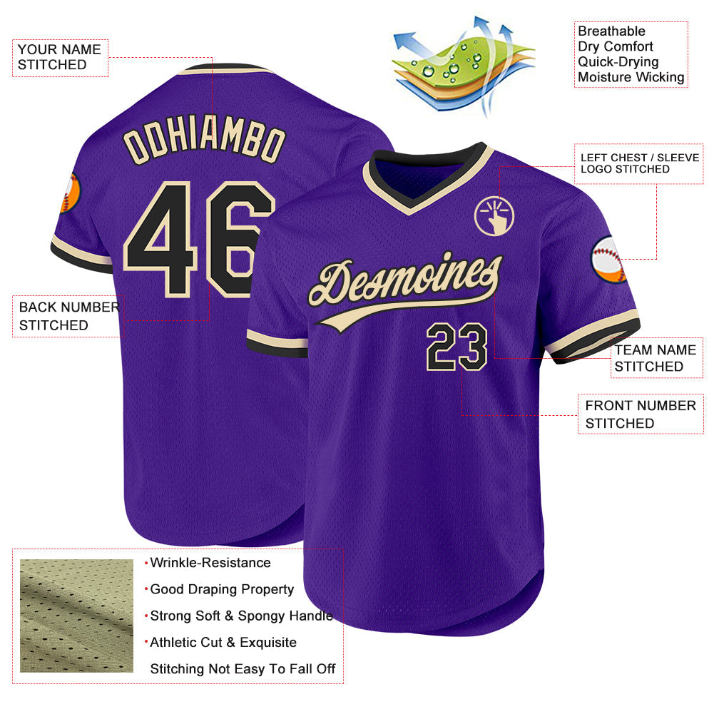 Custom Purple Black-Cream Authentic Throwback Baseball Jersey baseball jersey product view 3