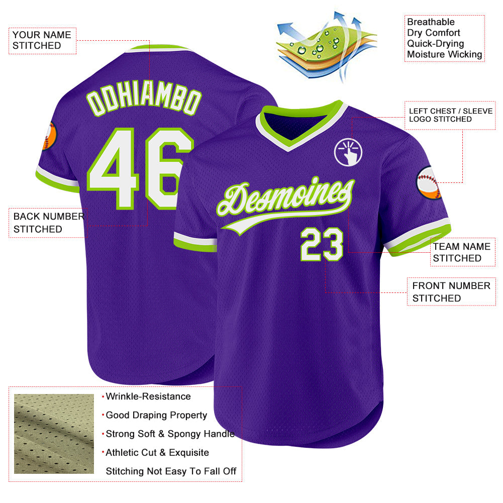 Custom Purple White-Neon Green Authentic Throwback Baseball Jersey baseball jersey product view 3