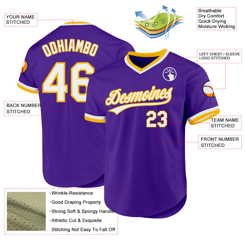 Custom Purple White-Gold Authentic Throwback Baseball Jersey baseball jersey product view 3