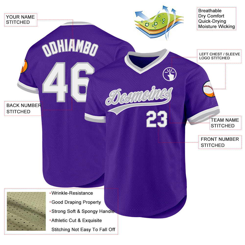 Custom Purple White-Gray Authentic Throwback Baseball Jersey baseball jersey product view 3