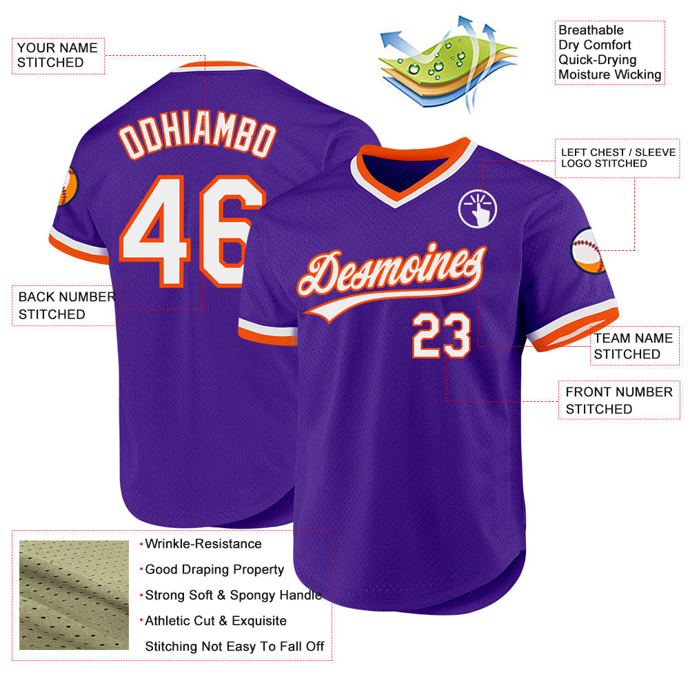 Custom Purple White-Orange Authentic Throwback Baseball Jersey baseball jersey product view 3