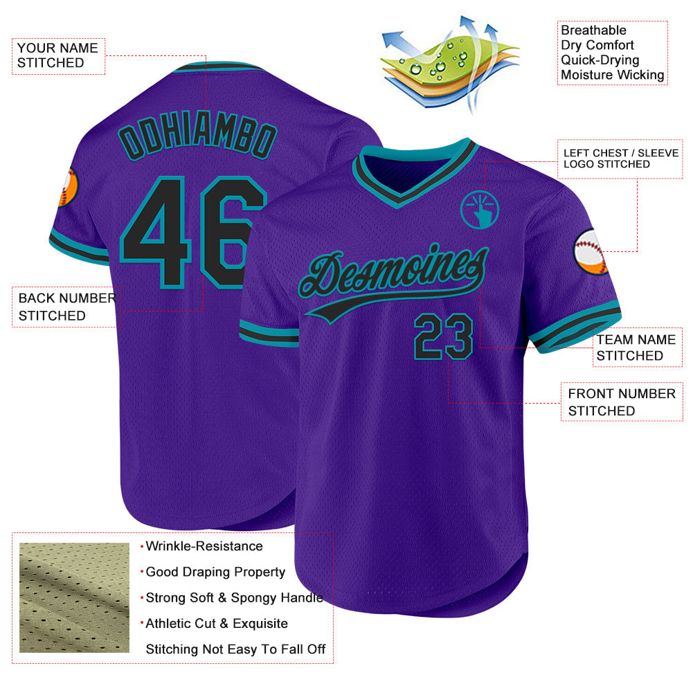 Custom Purple Black-Teal Authentic Throwback Baseball Jersey baseball jersey product view 3
